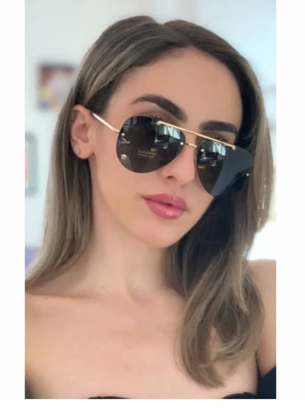Versace VE2231 Black and Gold Medusa Rimless Aviator Sunglasses with Case